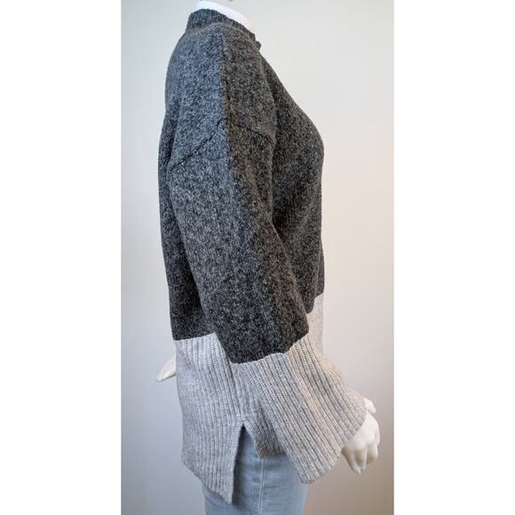 Michael Kors Wool Tunic Sweater Large Gray Colorblock Mock Neck High Low Ribbed - Picture 5 of 9